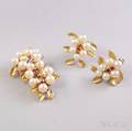 14kt Gold Pearl and Ruby Botanical Brooch and Matching Pierced Earclips