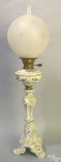 Dresden porcelain lamp with floral decoration and gilt highlights and frosted glass shade