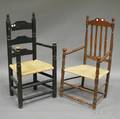 Blackpainted Pilgrim Centurystyle Turned Maple Slatback Armchair and a Bannisterback and Turned Maple Armchair with Rush Seat