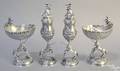 Set of German silver master salt dishes and pepper shakers