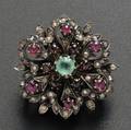 Blackened 14kt Gold Diamond Emerald Ruby and Seed Pearl Pin