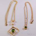 Two 14kt Gold Peridot and Diamond Pendants