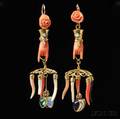 Pair of Whimsical Gold and Coral Earpendants