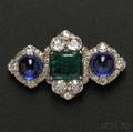 Platinum Emerald Intaglio Sapphire and Diamond Brooch