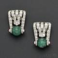 Art Deco Platinum Carved Emerald and Diamond Dress Clips