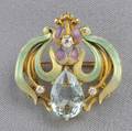 Art Nouveau 14kt Gold Aquamarine Enamel and Diamond Watch Pin