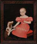 Ammi Phillips American 17881865 Portrait of a Child in a Pink Dress Seated on a Red Cushion with a Spaniel