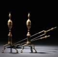 Pair of Brass and Iron Belted Double Lemontop Andirons and Two Matching Hearth Too ls