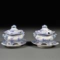 Pair of Blue Transferware Sauce Tureens with Undertrays in the Grecian Pattern