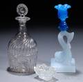 Early American Glass Rum Decanter Dolphin Candlestick and Lacy Glass Open Salt