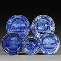 Five Historical Blue Transferdecorated Staffordshire Pottery Plates