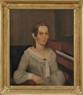 American School 19th Century Portrait of a Young Woman Seated Next to a Piano Forte