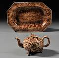 Staffordshire Pottery Tortoiseshellglazed Teapot and Platter