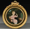 American School 19th Century Portrait Miniature of a Little Girl with Her Pet Bird