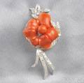 14kt White Gold Coral and Diamond Flower Brooch