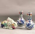 Modern Asian Ceramic Rabbitform Container and a Pair of Decorated Porcelain Bottleform Vases
