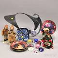 Nine Art Glass Paperweights Three DurwinRice Plates Four Small Cloth Dolls a Modern Copper Sculpture and a Danish Modern Stoneware