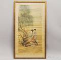 Framed Japanese Gouache and Watercolor on Silk Scene Depicting Two Women Under a Tree Alongside a Pond