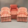 Four Matching Upholstered Barrelback Chairs and a Similar Printed Cotton Upholstered Armchair and Ottoman
