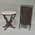Victorian Oval White Marbletop Carved Walnut Occasional Table and an Early 20th Century Mahogany Sheet Music Cabinet with Contents