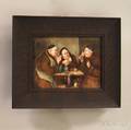 Oak Framed Handpainted Porcelain Plaque Depicting Three Monks Drinking