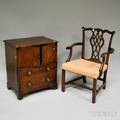 Small Georgian Inlaid Mahogany Commode and Upholstered Carved Mahogany Armchair