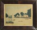 Watercolor folk landscape dated 1830