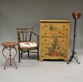 Polychrome Paintdecorated Fivedrawer Chest a Bamboo Armchair Wrought Iron Stand with Copper Bowl and a Painted Iron Patio Stand t