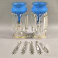Pair of Gilt and Enameled Frosted Blue and Colorless Art Glass Garnitures with Prisms