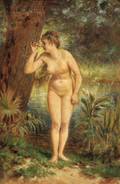 Attributed to Edward Lamson Henry American 18411919 Standing Female Nude at a Forest Pool