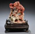 Chicken Blood Stone Carving with Wood Stand
