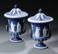 Pair of Wedgwood Dark Blue Jasper Dip Vases and Covers