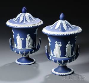 Pair of Wedgwood Dark Blue Jasper Dip Vases and Covers