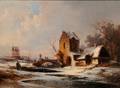 German School 19th Century Winter Landscape with Figures on a Castle Bridge