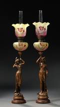 Pair of Art Nouveau Figural Spelter Oil Lamps with Glass Shades