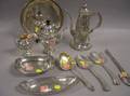 Sterling Silver Creamer Two Demitasse Pots Three Small Trays and Four Serving Flatware Pieces