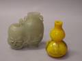 Chinese Carved Jade Vase and a Paint Decorated Yellow Peking Glass Vase