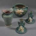 Roseville Pottery Clematis Pattern Jardiniere Pair of Candlesticks and a Gonder Pottery Vase
