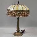 Mosaic Art Glass and Gilt Cast Iron Table Lamp