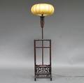 Asian Carved Hardwood Floor Lamp with Vellum Shade