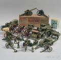 Approximately Twentytwo Britains Ltd Painted Metal Army Equipment and Figurals and a Bullock Model Painted Metal Long Range AntiTan