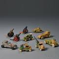 Ten Tootsietoy Painted Diecast Metal Military Cannons and Vehicles