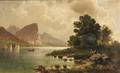 Italian School 19th Century Lake Scene with Boaters and Figures on the Shore