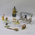 Six Toy Workshop Items Small Bed Warmer Steam Engine and a Flat Iron