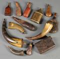 Grouping of Powder Horns Flasks and Shot Pouches