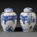 Pair of Blue and White Porcelain Covered Jars