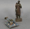 Bronze Classical Figure of a Woman and a Champleve Enameled Brass Candlestick