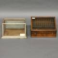 Two Small Slantfront Wood and Glass Countertop Display Cases