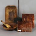 Three Pieces of Woodenware a Wrought Iron Peel and Two Etched Copper Printer Plates Depicting Sailing Vessels