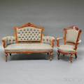 Victorian Upholstered Carved Walnut Settee and Armchair